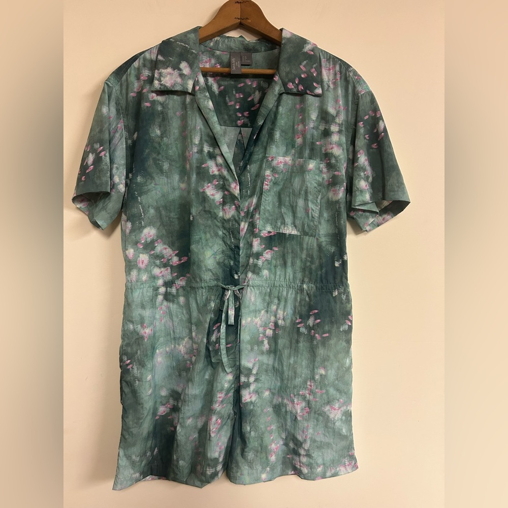 Sweaty Betty Pink Green Short Jumpsuit Size 8 Zip Front Monet Waterlilies